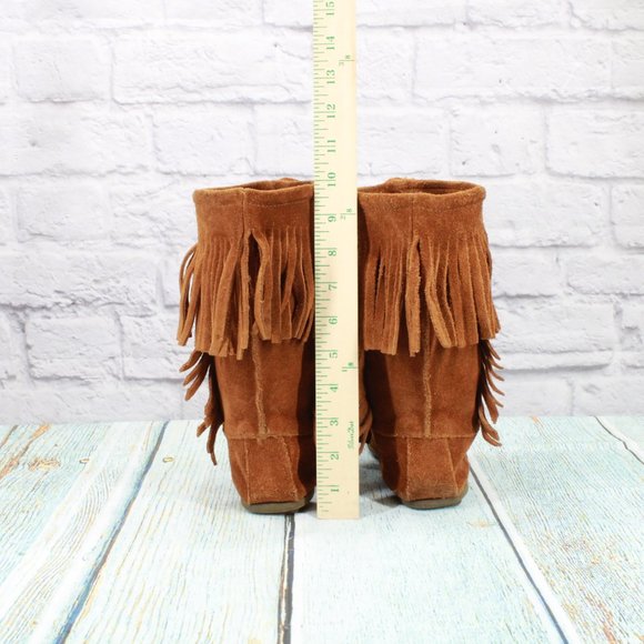 *Minnetonka Brown Suede Lace-up Pull On Fringe Moccasins Booties Size - Picture 6 of 9